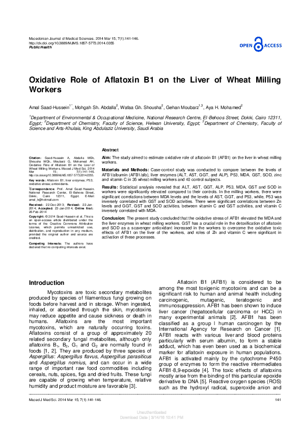 (PDF) Oxidative Role of Aflatoxin B1 on the Liver of Wheat Milling Workers