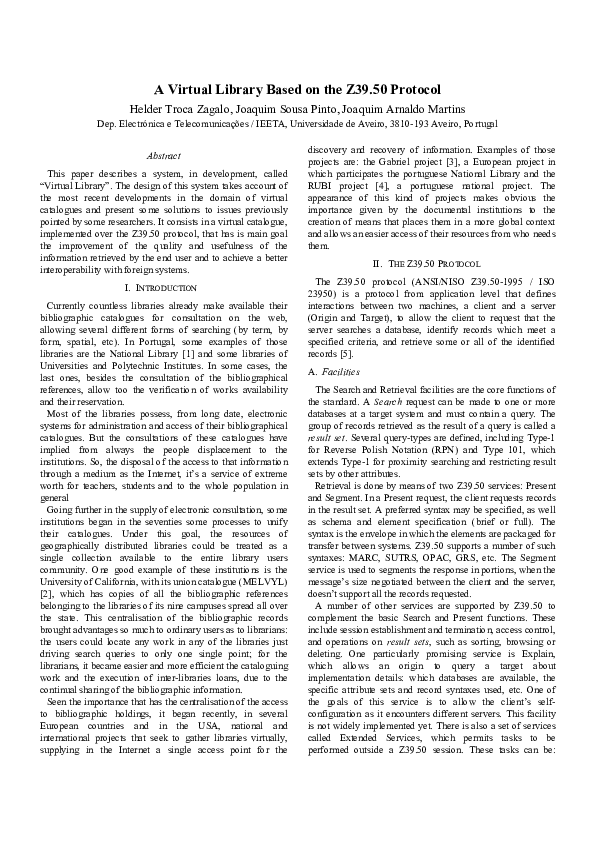 (PDF) A Virtual Library Based on the Z39.50 Protocol