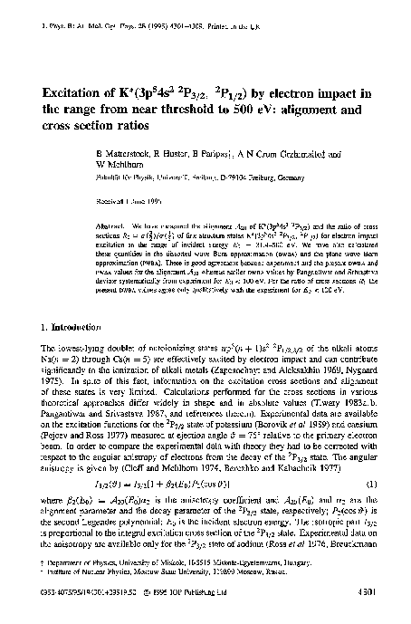 (PDF) Excitation of K * (3p 5 4s 2 2 P 3/2 , 2 P 1/2 ) by electron ...