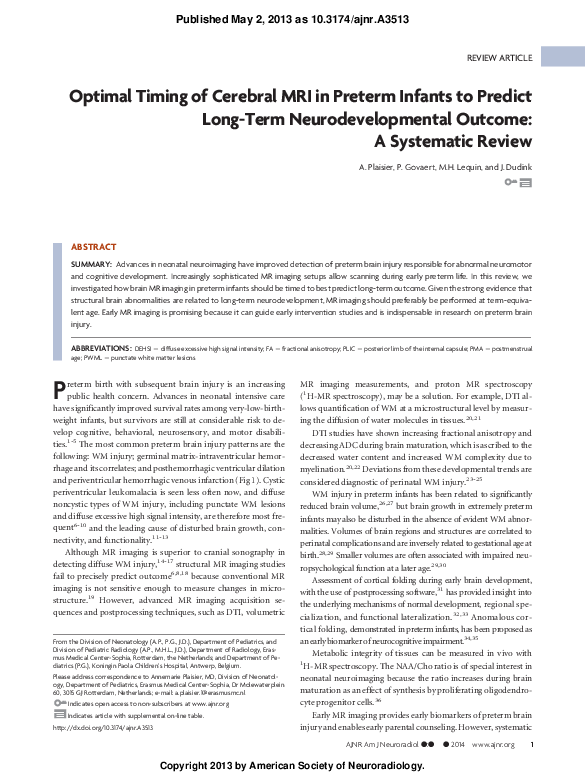 (PDF) Optimal Timing of Cerebral MRI in Preterm Infants to Predict Long ...