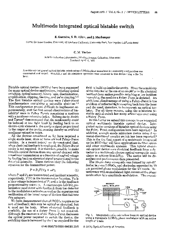 (PDF) Multimode integrated optical bistable switch Elsa Garmire