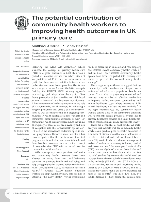(PDF) The potential contribution of community health workers to ...
