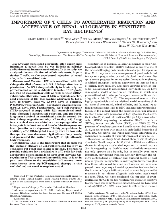 (PDF) IMPORTANCE OF T CELLS TO ACCELERATED REJECTION AND ACCEPTANCE OF ...