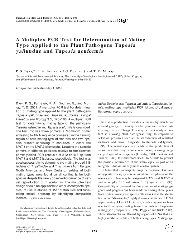 (PDF) A Multiplex PCR Test for Determination of Mating Type Applied to ...