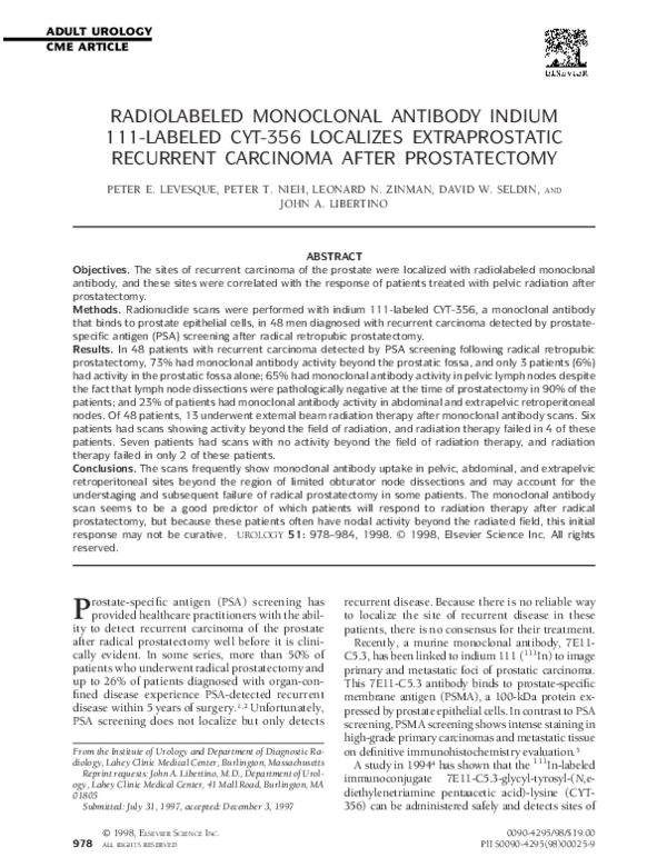 (PDF) Radiolabeled Monoclonal Antibody Indium 111Labeled CYT356 Localizes Extraprostatic