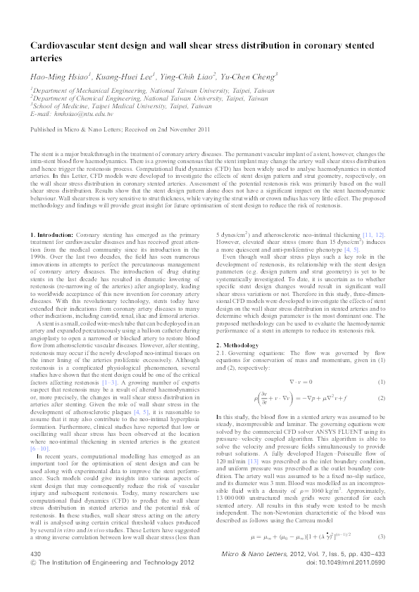 (PDF) Cardiovascular stent design and wall shear stress distribution in coronary stented