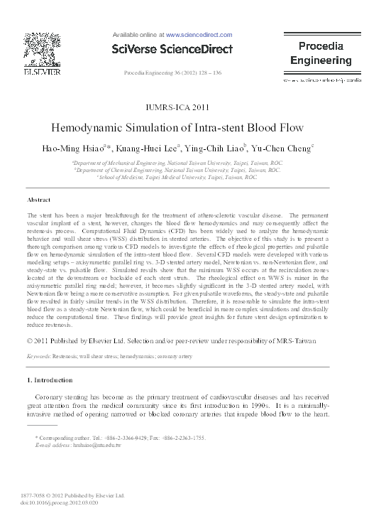 (PDF) Hemodynamic Simulation of Intrastent Blood Flow KuangHuei Lee and HaoMing Hsiao