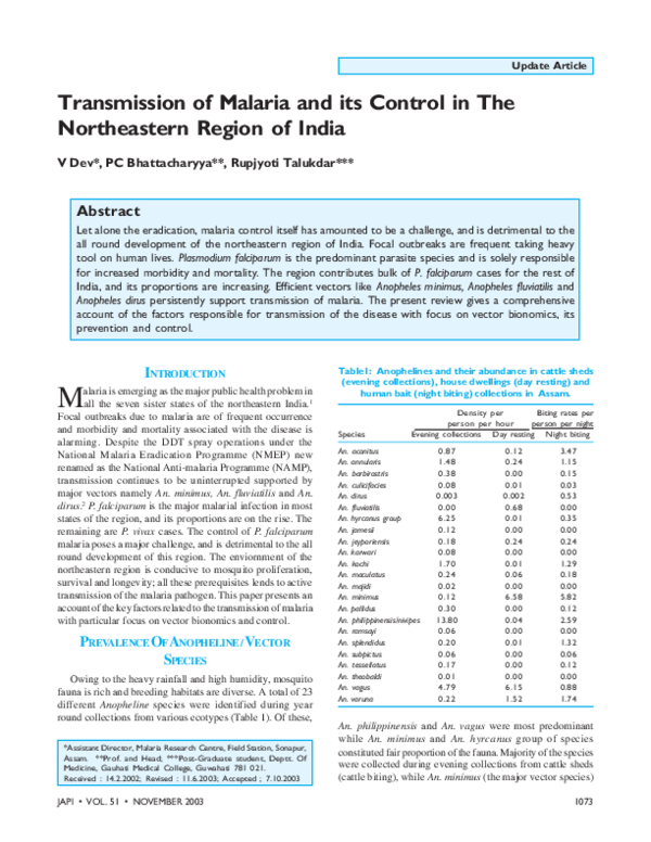 (PDF) Transmission of malaria and its control in the Northeastern ...