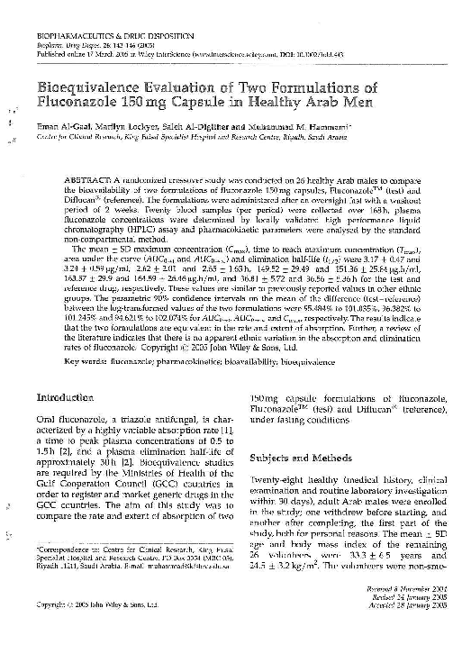  pdf bioequivalence evaluation of two formulations of fluconazole 150