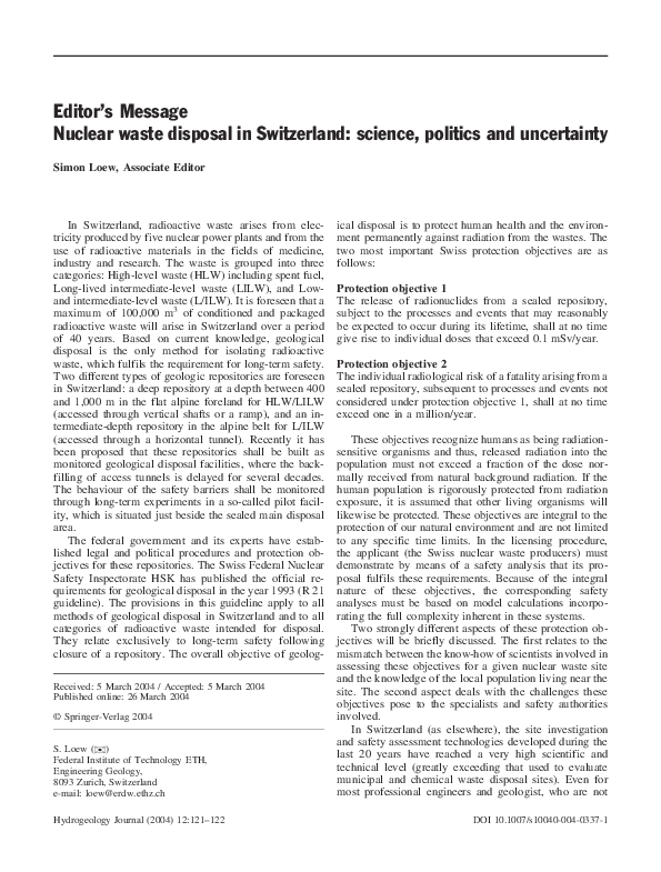 (PDF) Nuclear waste disposal in Switzerland science, politics and