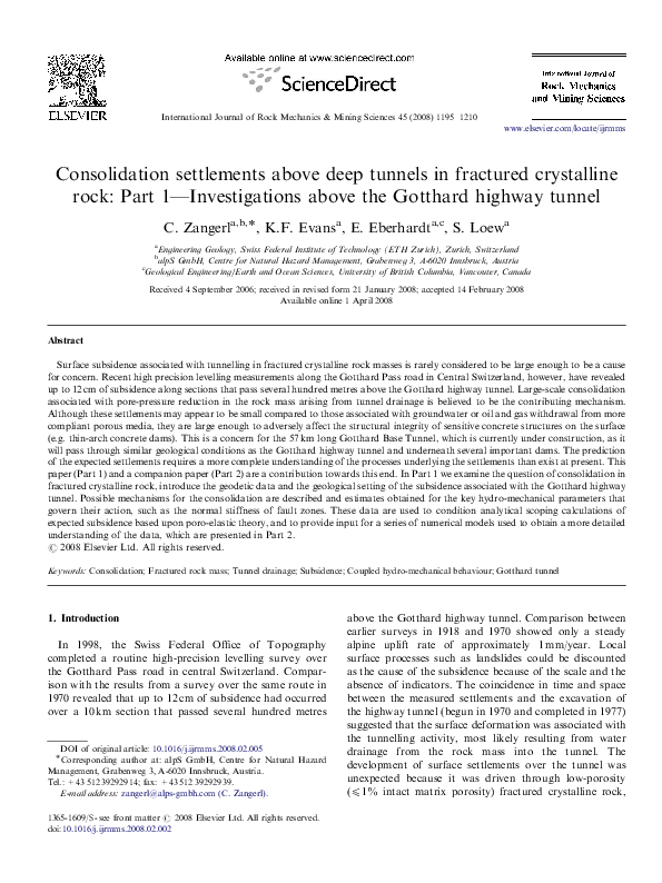 Pdf Consolidation Settlements Above Deep Tunnels In Fractured Crystalline Rock Part 2 Numerical Analysis Of The Gotthard Highway Tunnel Case Study Simon Loew Academia Edu