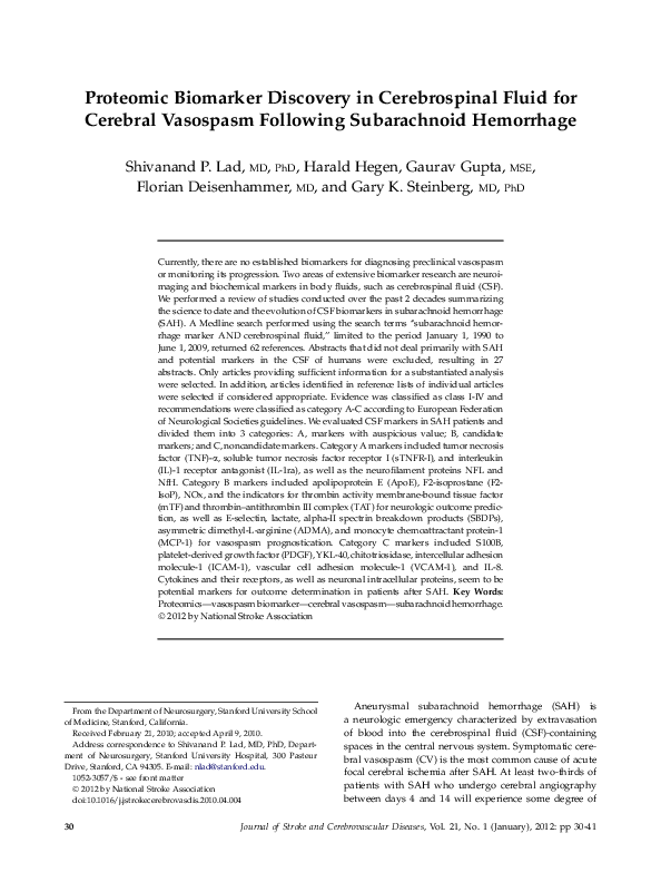 (PDF) Proteomic Biomarker Discovery in Cerebrospinal Fluid for Cerebral ...