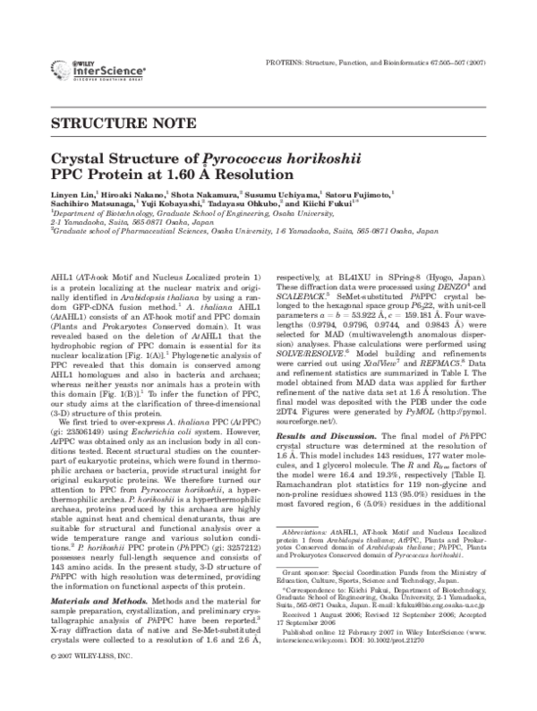 (PDF) Crystal structure of Pyrococcus horikoshii PPC protein at 1.60 Å ...