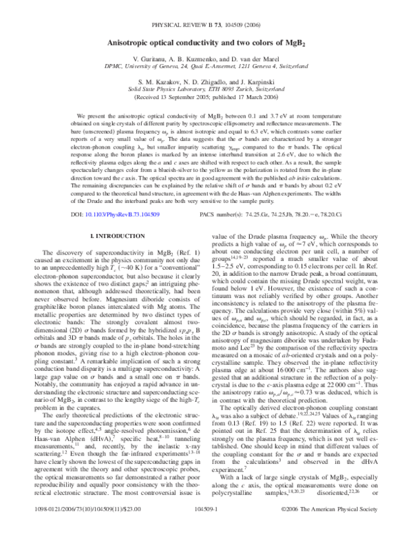 (PDF) Anisotropic optical conductivity and two colors of MgB2