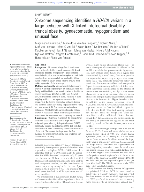 (PDF) X-exome sequencing identifies a HDAC8 variant in a large pedigree ...