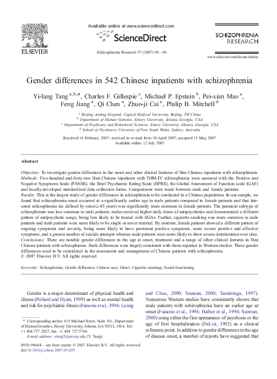 (PDF) Gender differences in 542 Chinese inpatients with schizophrenia ...