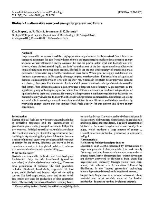 (PDF) Biofuel -An alternative source of energy for present and future