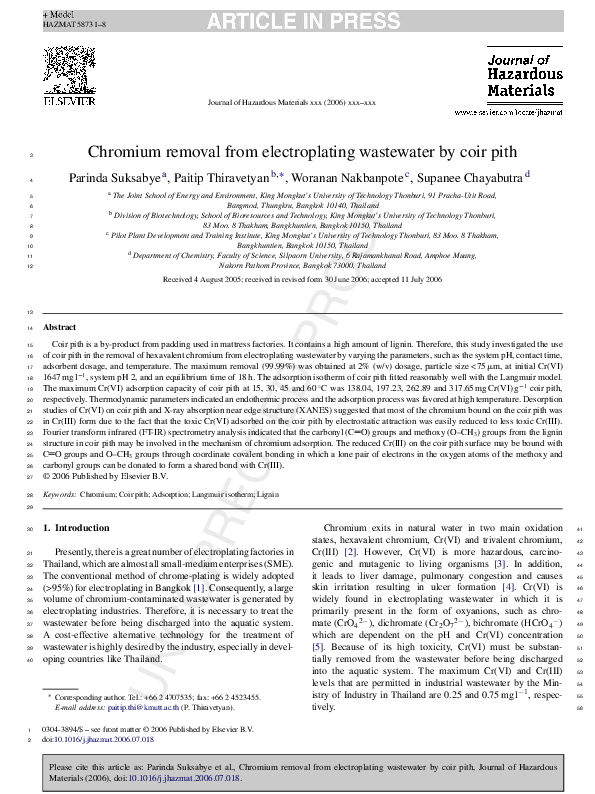 (PDF) Chromium removal from electroplating wastewater by coir pith