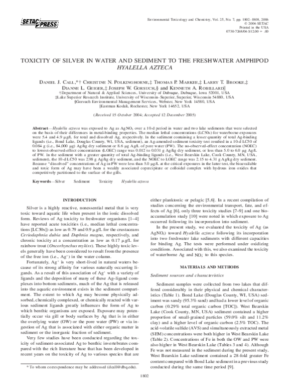 (PDF) Toxicity of Silver in Water and Sediment to the Freshwater ...