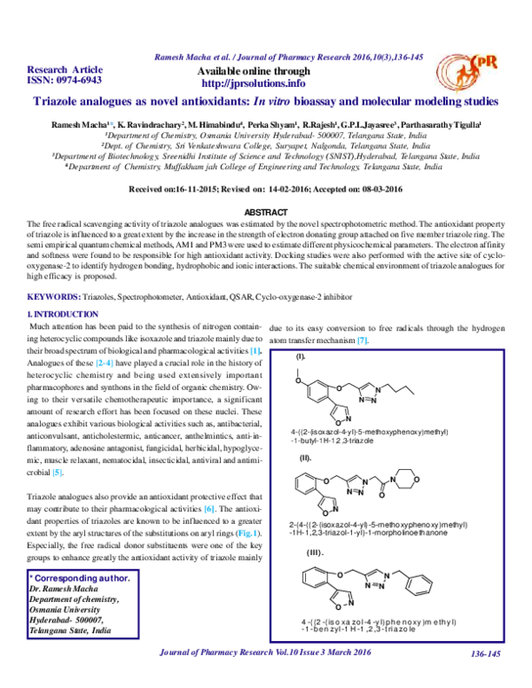 (PDF) Triazole analogues as novel antioxidants: In vitro bioassay and ...