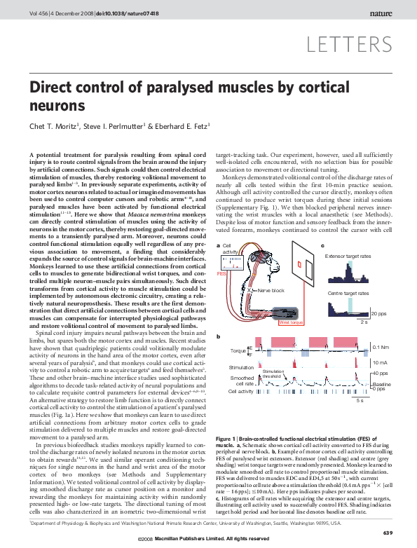 (PDF) Direct control of paralysed muscles by cortical neurons | Chet ...