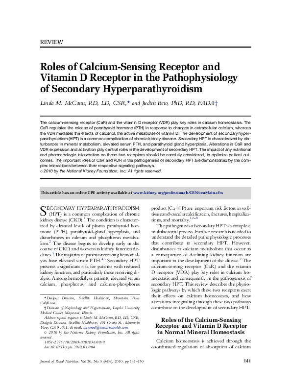 (PDF) Roles of CalciumSensing Receptor and Vitamin D Receptor in the Pathophysiology of