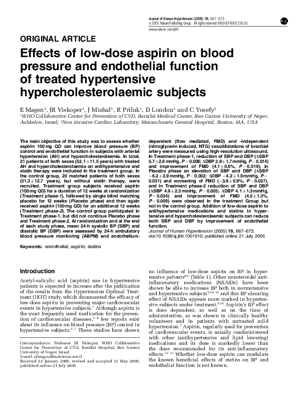 (PDF) Effects of lowdose aspirin on blood pressure and endothelial