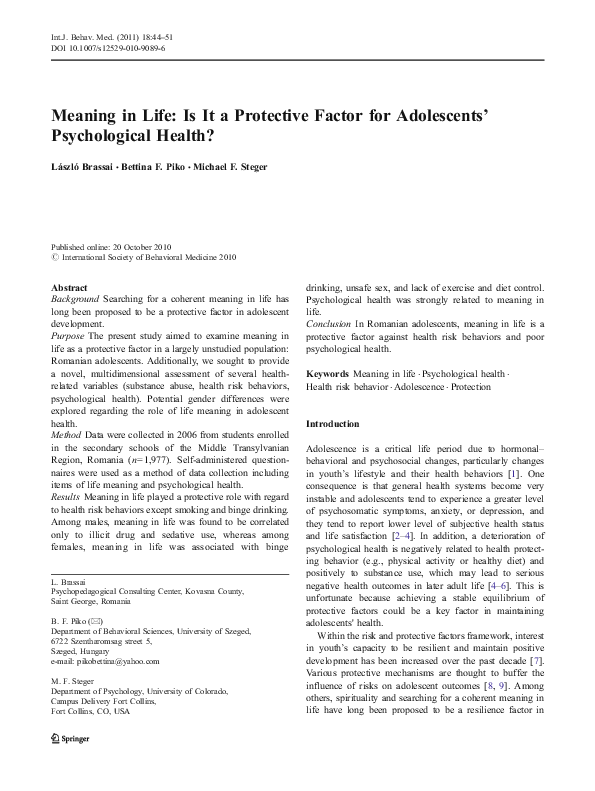(PDF) Meaning in Life: Is It a Protective Factor for Adolescents ...