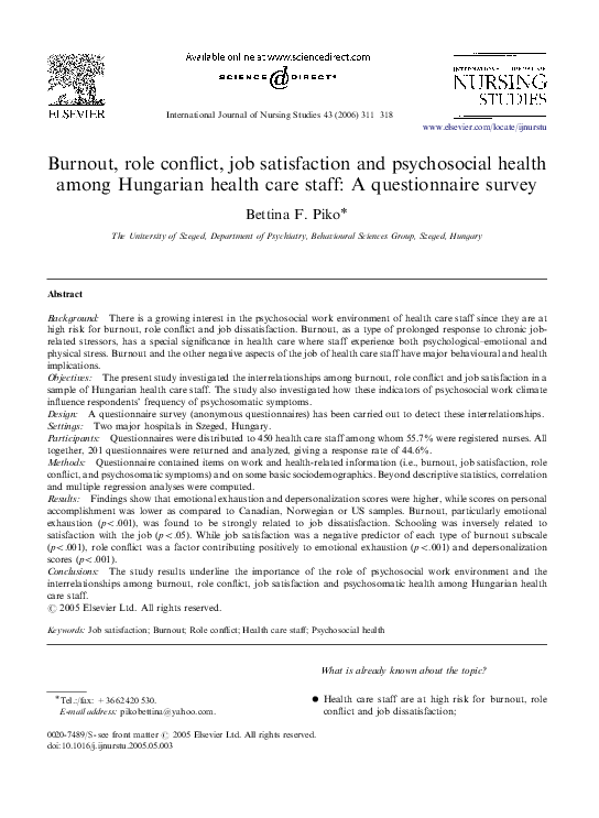 (PDF) Burnout, role conflict, job satisfaction and psychosocial health ...