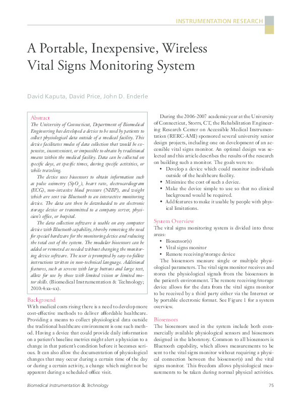 (PDF) A Portable, Inexpensive, Wireless Vital Signs Monitoring System