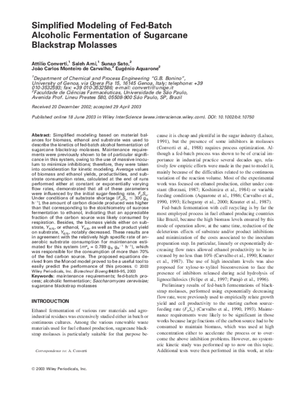 (PDF) Simplified modeling of fedbatch alcoholic fermentation of sugarcane blackstrap molasses