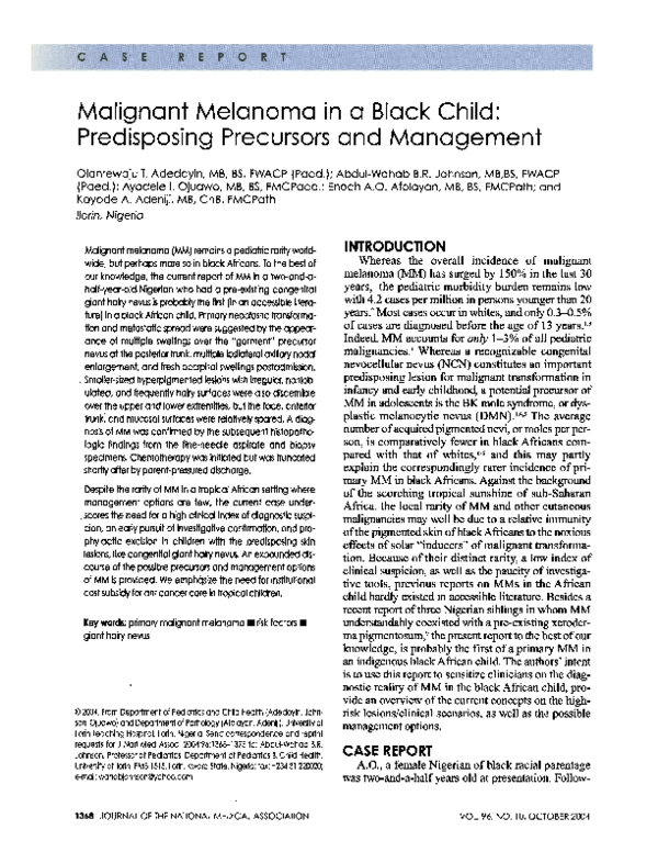 (PDF) Malignant melanoma in a black child: predisposing precursors and ...