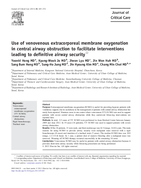 (PDF) Use of Venovenous Extracorporeal Membrane Oxygenation and an ...