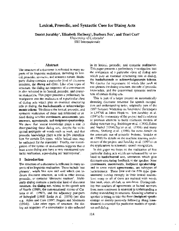 (PDF) Lexical, prosodic, and syntactic cues for dialog acts