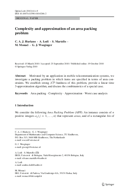 (PDF) Complexity and approximation of an area packing problem