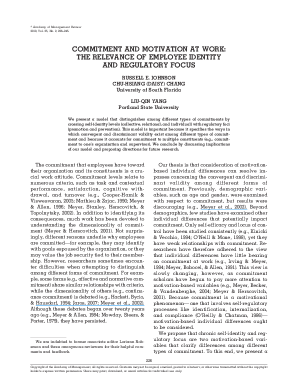 (PDF) COMMITMENT AND MOTIVATION AT WORK: THE RELEVANCE OF EMPLOYEE ...