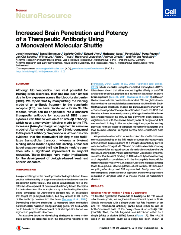 (PDF) Increased Brain Penetration and Potency of a Therapeutic Antibody ...