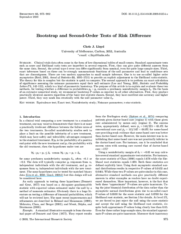 (PDF) Bootstrap and Second-Order Tests of Risk Difference