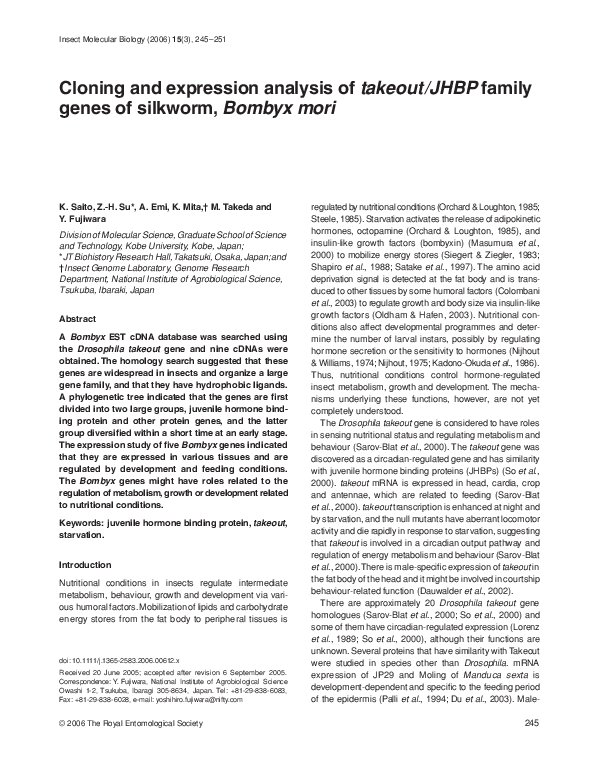 (PDF) Cloning and expression analysis of takeout/JHBP family genes of ...