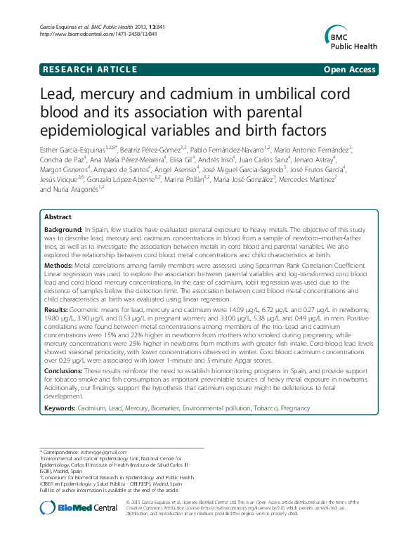 (PDF) Lead, mercury and cadmium in umbilical cord blood and its ...