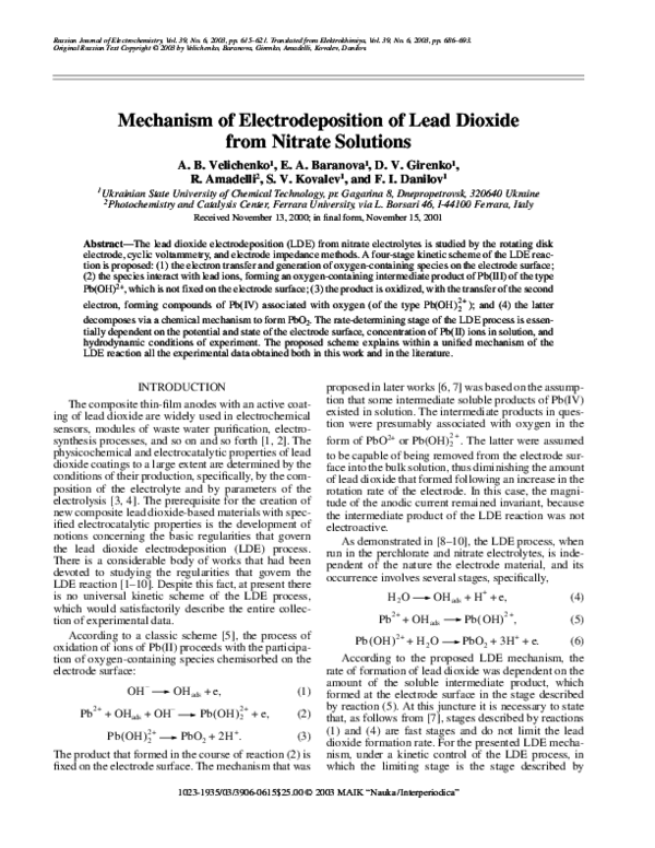 (PDF) Mechanism of Electrodeposition of Lead Dioxide from Nitrate