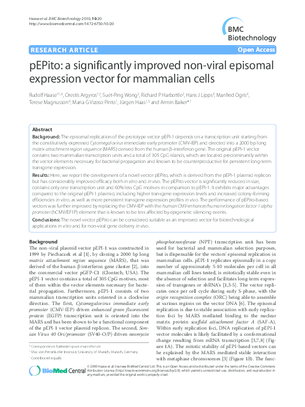 (PDF) pEPito: a significantly improved non-viral episomal expression ...