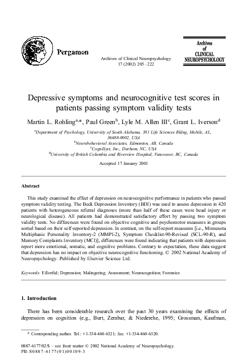 (PDF) Depressive symptoms and neurocognitive test scores in patients ...