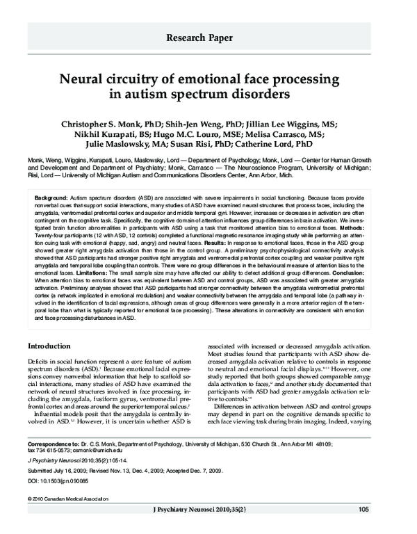 (PDF) Neural circuitry of emotional face processing in autism spectrum ...