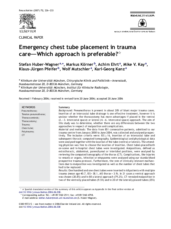 (PDF) Emergency chest tube placement in trauma care—Which approach is