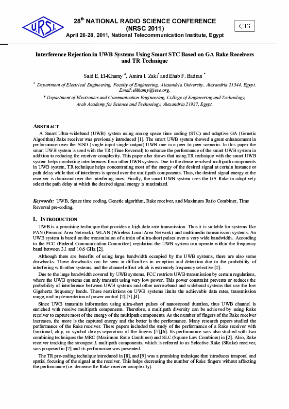 (PDF) Interference rejection in UWB systems using Smart STC based on GA ...