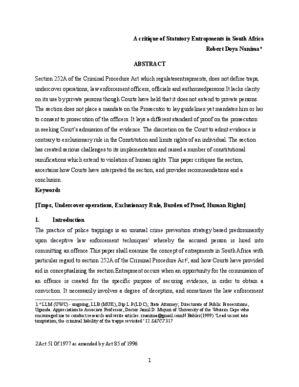 (DOC) A critique of Statutory Entrapments in South Africa Nanima Doya