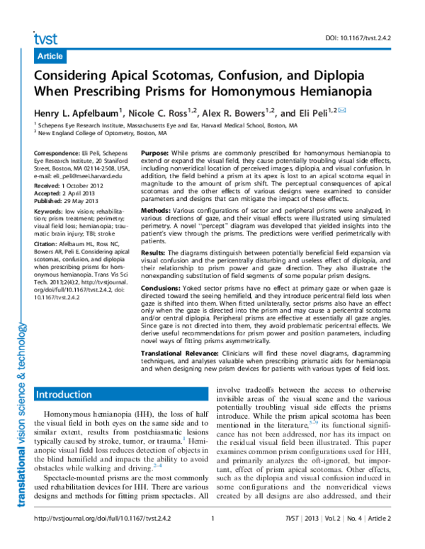 (PDF) Considering Apical Scotomas, Confusion, and Diplopia When Prescribing Prisms for
