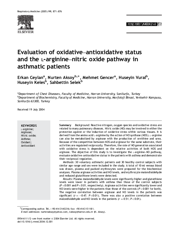 (PDF) Evaluation of oxidative–antioxidative status and the l-arginine ...