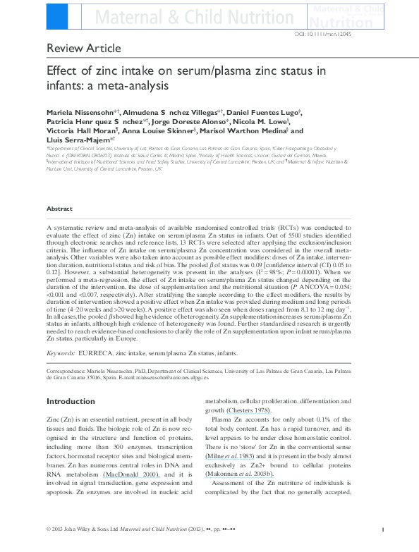 (PDF) Effect of zinc intake on serum/plasma zinc status in infants a